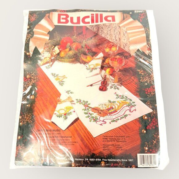 Vintage Bucilla Christmas Music Stamped Cross Stitch Table Runner Kit 82981 - Picture 1 of 2